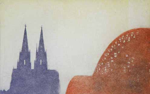 The cathedral is seen from Deutz with the railway bridge crossing the Rhine.
The hand-made 3-colour print is !25 x 175mm